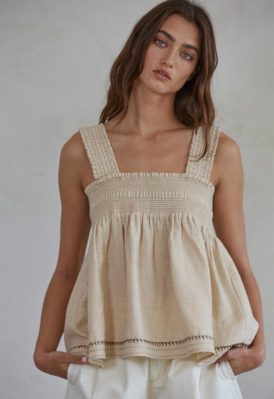 Woven Square Neck Sleeveless Top - Light Taupe