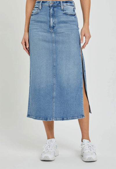 Hidden - Peyton Midi Skirt with Slit Medium Light Denim