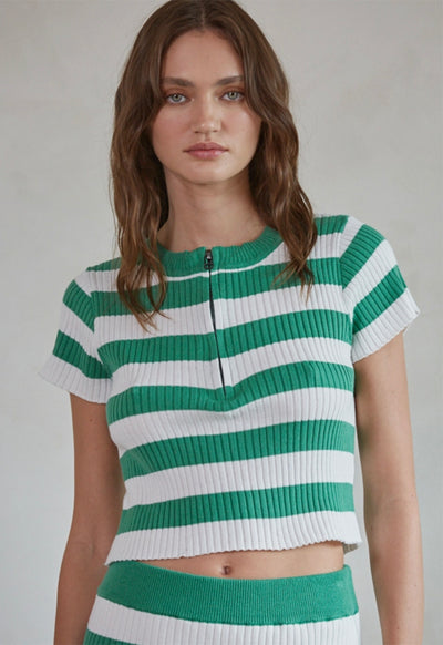Knit Sweater Short Sleeve Half-Zip Top - Green White