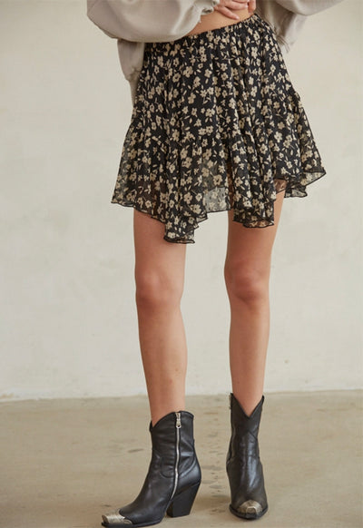 Floral Print Flare Skirt - Black