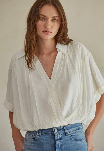 Woven V-Neck Pullover Top - Ivory