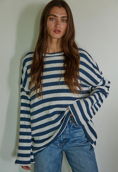 Knit Ribbed Stripe Long Sleeve Top - White Teal