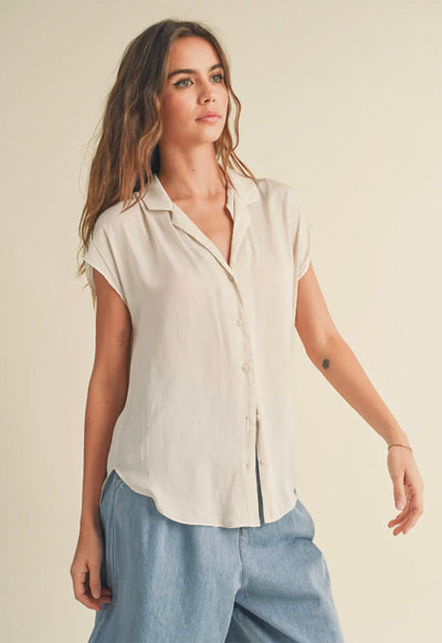 Button Down Cap Sleeve Shirt - Cream