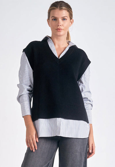 Elan - Striped Shirt Sweater Vest Combo Black Stripe