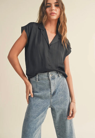 Button Down Cap Sleeve Top - Black