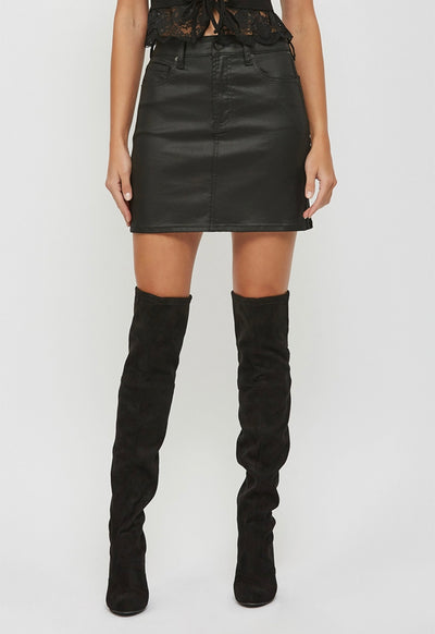 Hidden - 16" High Rise Mini Skirt Coated Denim - Black