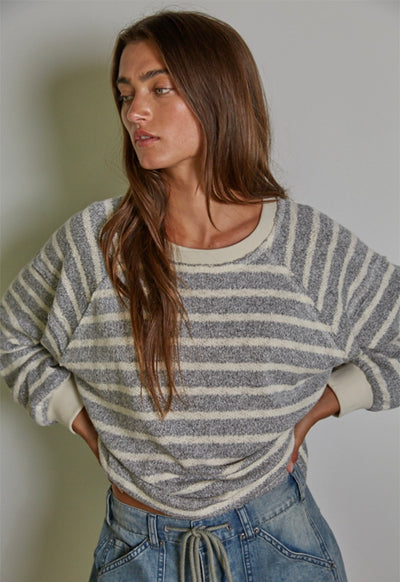 Knit Striped Pullover Top - Cream Grey