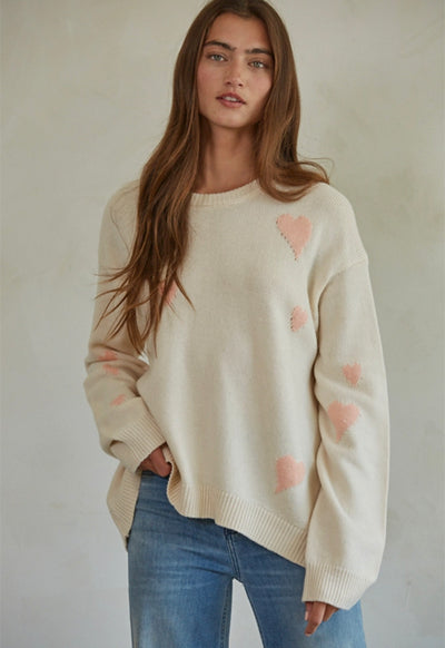 Knit Sweater with Hearts Print - Natural Pink