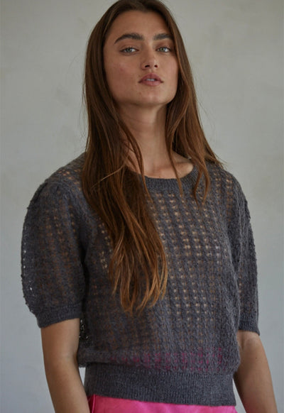 Knit Puff Sleeve See Through Top - Charcoal