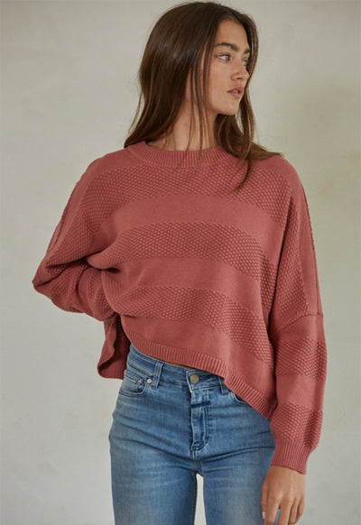 Round Neck Long Sleeve Pullover Top - Red