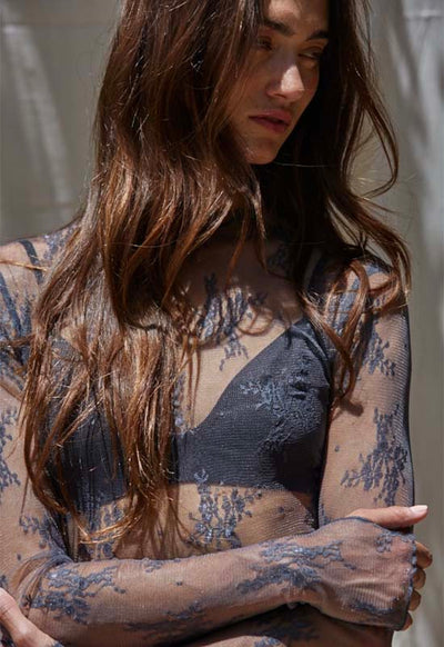 Knit Jacquard Lace Long Sleeve Top - Charcoal