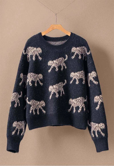 Crewneck Leopard Print Sweater - Black