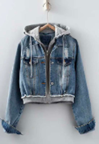 Edgy Distressed Denim Hoodie Jacket - Denim Blue
