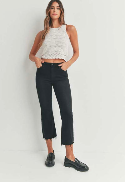 Just Black - High Rise Crop Flare Jean with Distressed Hem Black