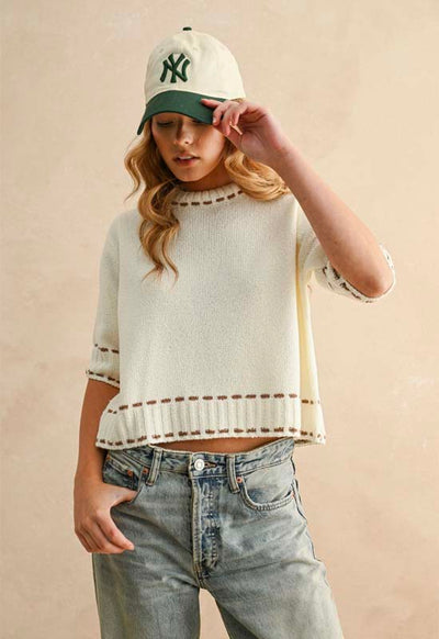 Stitch Effect Detail Top - White Brown