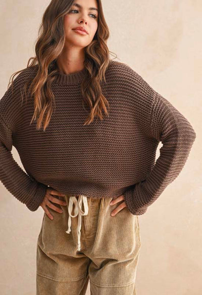 Round Neck Knit Sweater - Chocolate