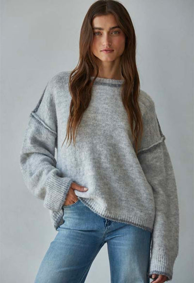 Crew Neck Sweater Rolled Edge - Heather Grey