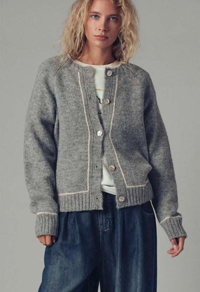 Contrast Trim Boho Button Down Sweater - Grey