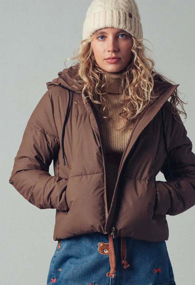 Hooded Drawstring Puffer Jacket - Chocolate