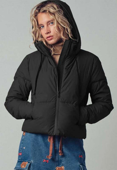 Hooded Drawstring Puffer - Black