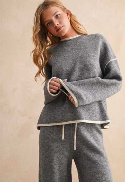 Long Sleeve High Neck Sweater Top - Heather Grey