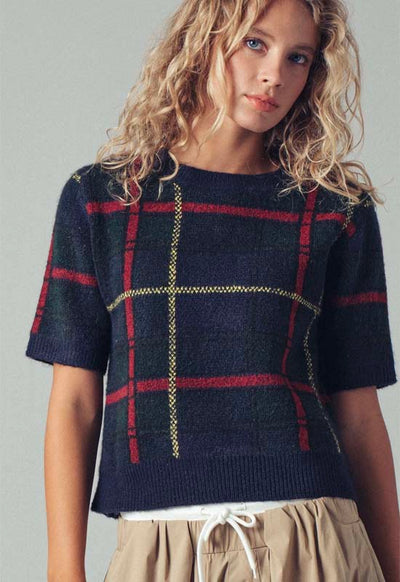 Plaid Short Sleeve Sweater Top - Navy