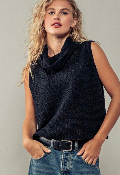 Cowl Neck Crochet Top - Black