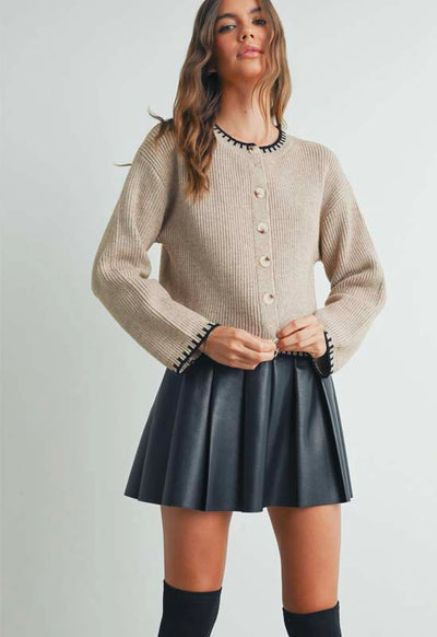 Crew Neck Cardigan Sweater - Taupe