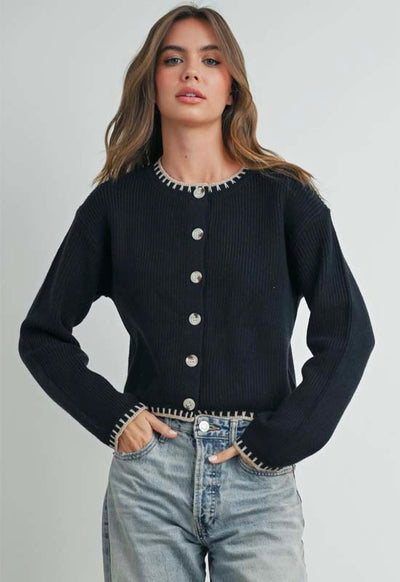 Crew Neck Cardigan Sweater - Black