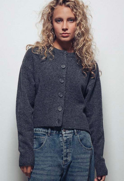 Relaxed Fit Wool Cardigan Sweater - Charcoal