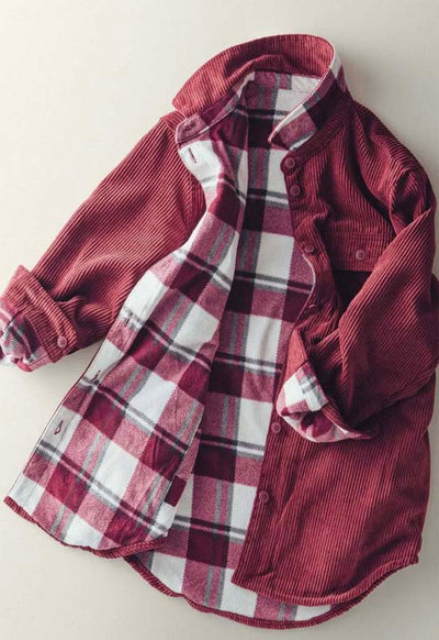 Plaid Lined Corduroy Flannel Shacket - Burgundy