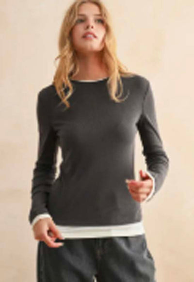 Long Sleeve Contrast Top - Charcoal
