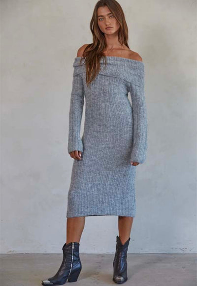 Off Shoulder Pencil Midi Dress - Heather Grey