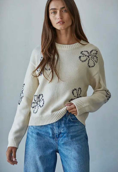 Floral Stitch Round Neck Sweater - Natural