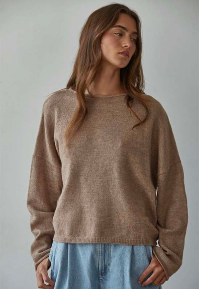 Rolled Round Neck Sweater - Mocha