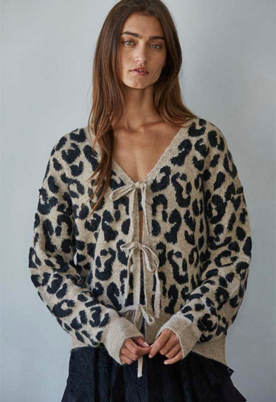 Animal Print V-Neck Sweater - Mocha Black