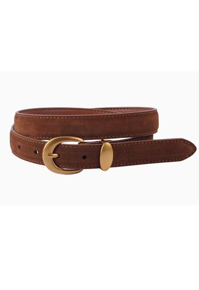 Suede Belt with Curved Gold Buckle - Caramel