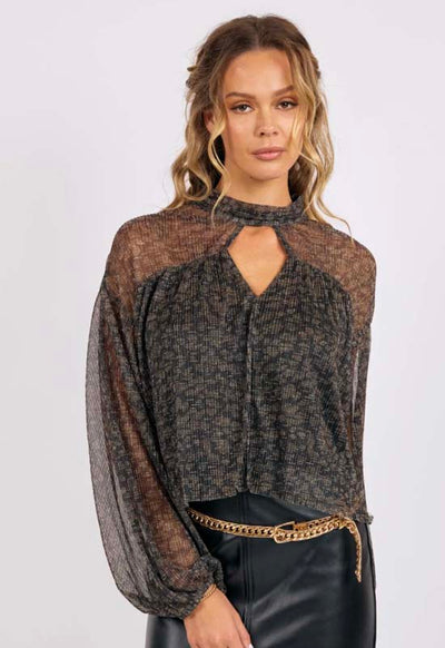 Sage the Label - La Soiree Pleated Mesh Keyhole Top Black Gold