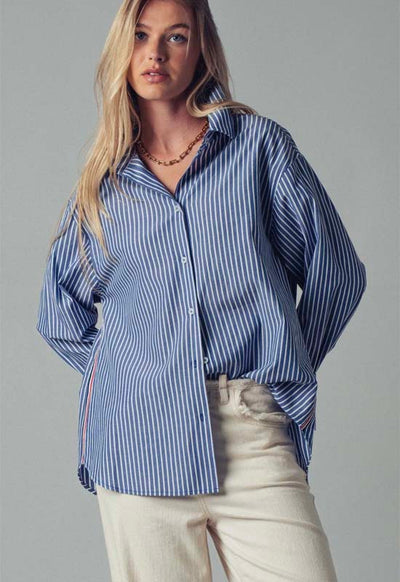 Stripe Twill Detail Button Down Shirt - Navy