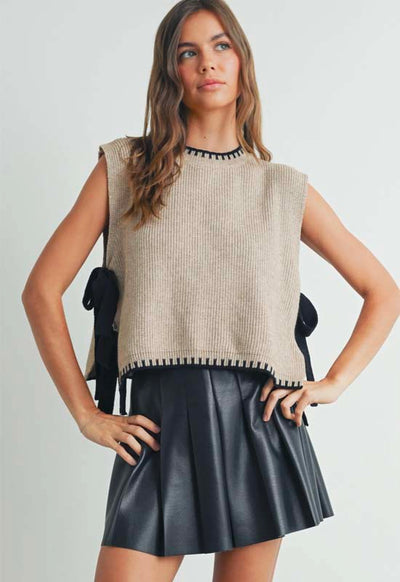 Ribbon Tie Sweater Top - Taupe Black