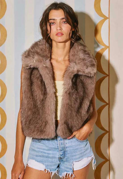 Faux Fur Crop Vest - Taupe