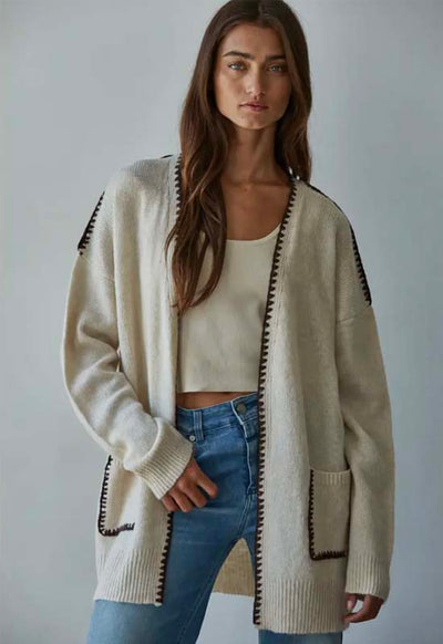 Contrast Stitch Open Cardigan - Light Beige