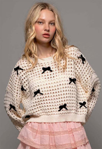 Bow Aplique Open Knit Sweater - Ivory