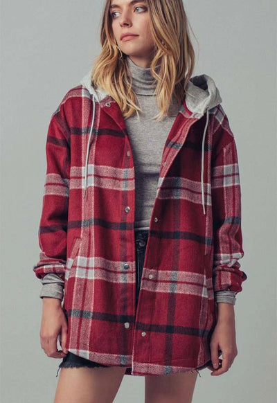 Oversized Hoodie Plaid Jacket - Burgudy