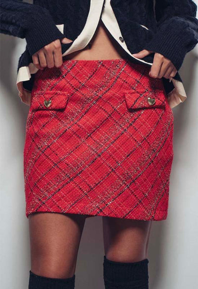 Tweed Plaid Mini Skirt - Red
