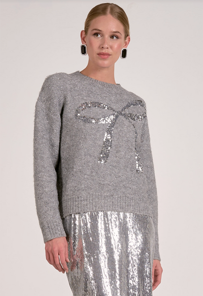 Elan - Crew Neck Glitter Bow Sweater Grey