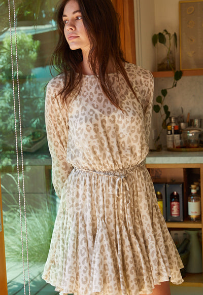 Woven Crepe Chiffon Dress with Lining - Ivory Grey Leopard