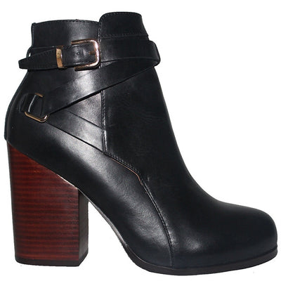 Kixters Gena - Black Leather Buckle Strap Block Heel Short Boot